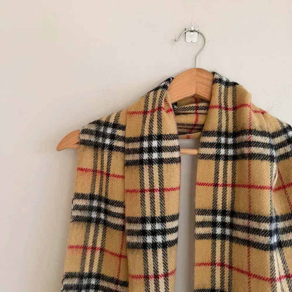 Burberry Nova Checkered Pattern Fringe Rectangle Scarf Brown One Size